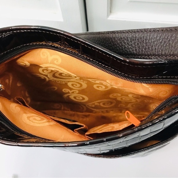 Price firm BRIGHTON COLLECTIBLES Brown Glossy Leather Croc Leather Shoulder Bag - Picture 8 of 10